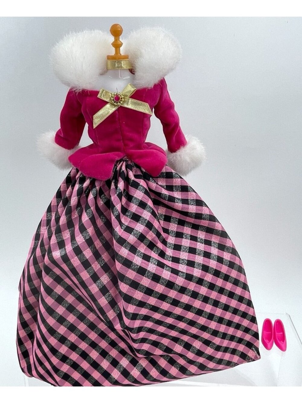Barbie Doll Formal 2 Piece Dress Pink Velvet Fur Trim Plaid Skirt Winter Gown